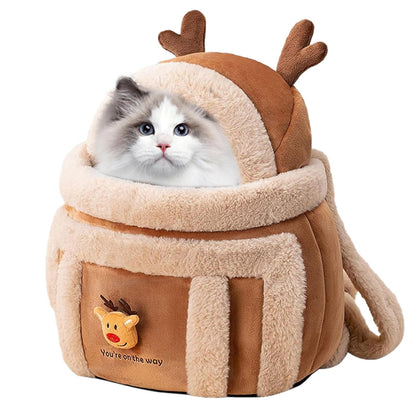 Winter Pet Carrier Backpack with Plush Lining & Reindeer Hood