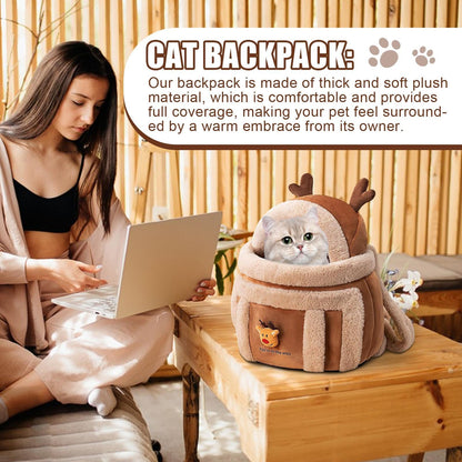 Winter Pet Carrier Backpack with Plush Lining & Reindeer Hood