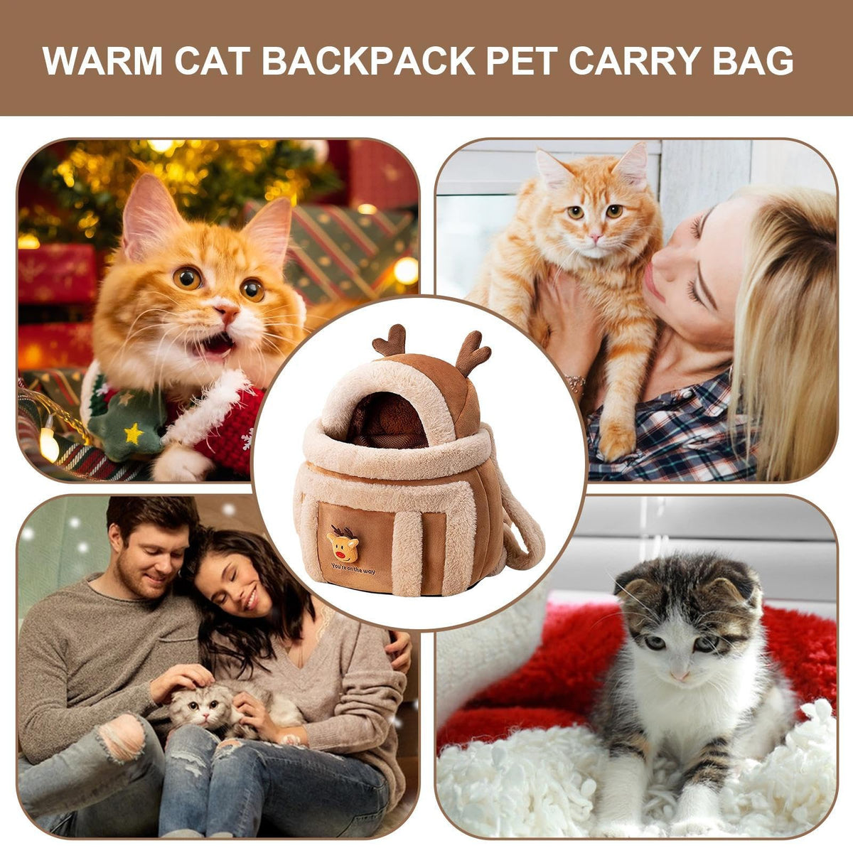 Winter Pet Carrier Backpack with Plush Lining & Reindeer Hood