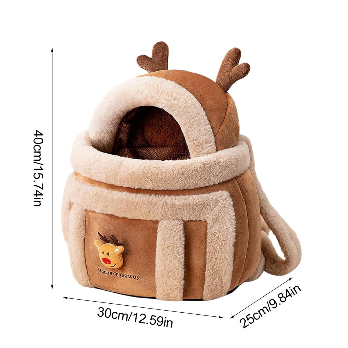 Winter Pet Carrier Backpack with Plush Lining & Reindeer Hood