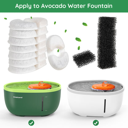 Awpland 3er-Pack Ersatzfilter und 3er-Pack Ersatz-Vorfilterschwämme für Avocado-Haustierbrunnen, Aktivkohlefilter, Vorteilspack 