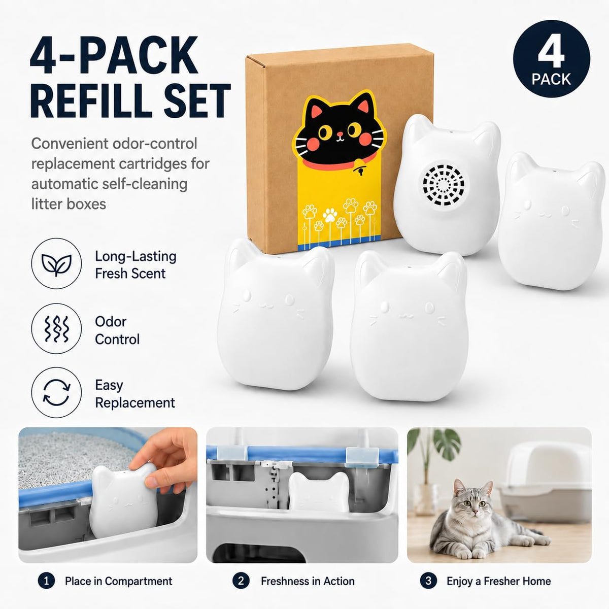 4-Pack Automatic Cat Litter Box Deodorizer – Fits Cumrige, Fumoi & More