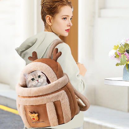 Winter Pet Carrier Backpack with Plush Lining & Reindeer Hood