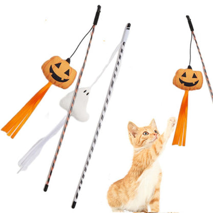 2PCS Cat Fishing Pole Toy with Pumpkin and Ghost for Teaser Play and Chase Exercise with Kitten