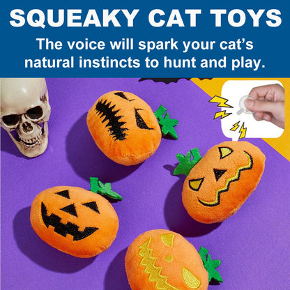 4Pcs Halloween Pumpkin Cats Interactive Toys Filled Squeaker for Cats Boredom Relief Teeth Cleaning