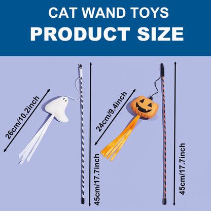 2PCS Cat Fishing Pole Toy with Pumpkin and Ghost for Teaser Play and Chase Exercise with Kitten