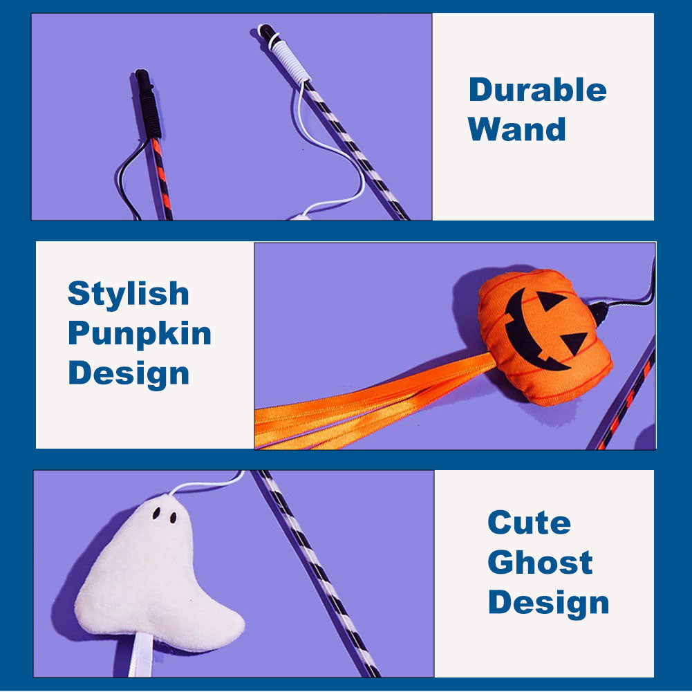 2PCS Cat Fishing Pole Toy with Pumpkin and Ghost for Teaser Play and Chase Exercise with Kitten
