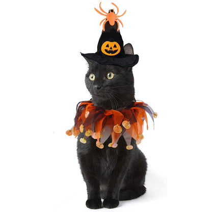 El conjunto de disfraz de gato para Halloween incluye una bufanda de gato con temática de calabaza y un sombrero de bruja 