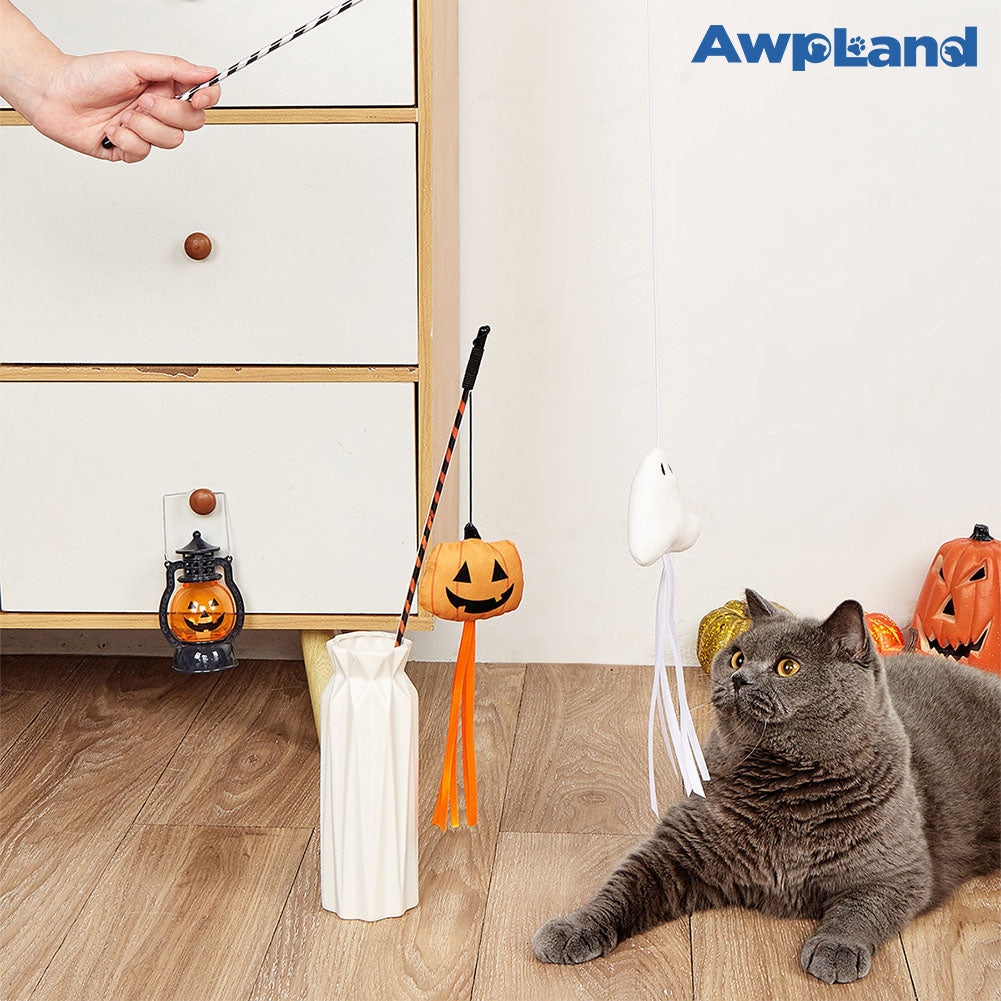 2PCS Cat Fishing Pole Toy with Pumpkin and Ghost for Teaser Play and Chase Exercise with Kitten