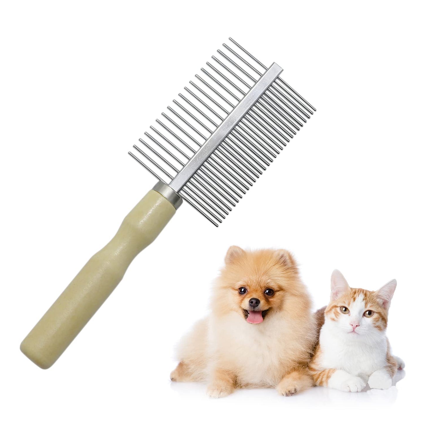 Double-Sided Pet Comb for Dog Cat Rabbit Grooming, Dog Stainless Steel Combs with Wooden Handle