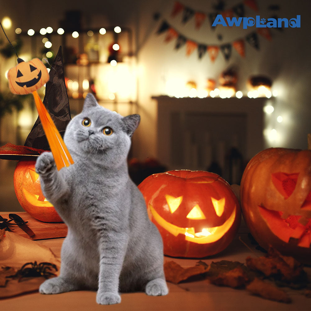 2PCS Cat Fishing Pole Toy with Pumpkin and Ghost for Teaser Play and Chase Exercise with Kitten