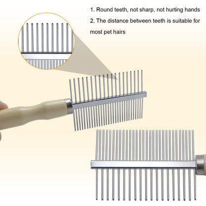 Double-Sided Pet Comb for Dog Cat Rabbit Grooming, Dog Stainless Steel Combs with Wooden Handle