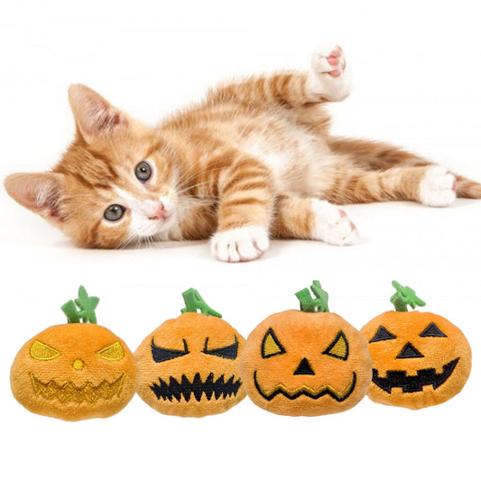 4Pcs Halloween Pumpkin Cats Interactive Toys Filled Squeaker for Cats Boredom Relief Teeth Cleaning