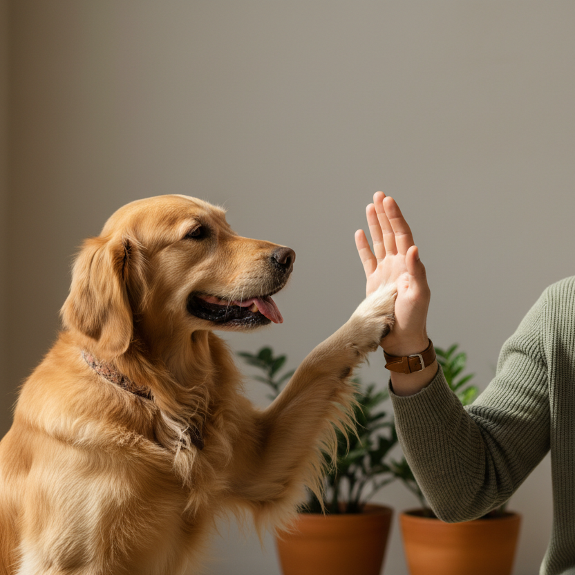 人与金毛犬握手