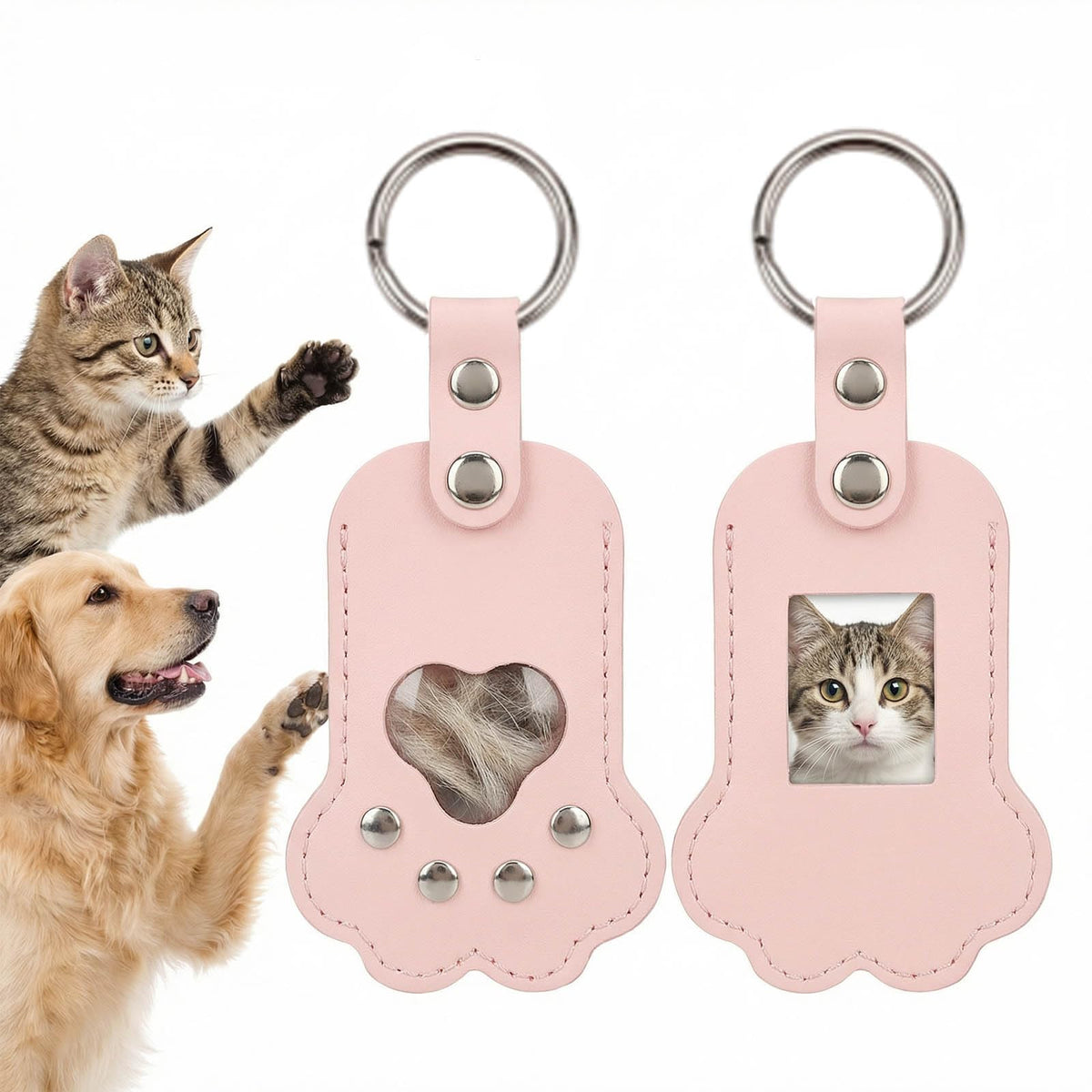 Pet Hair Storage Keychain with Photo Holder,Leather Cat Memorial Keychain Portable Pet Memory Charm Gift