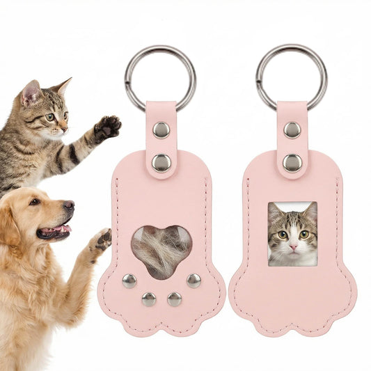 Pet Hair Storage Keychain with Photo Holder,Leather Cat Memorial Keychain Portable Pet Memory Charm Gift