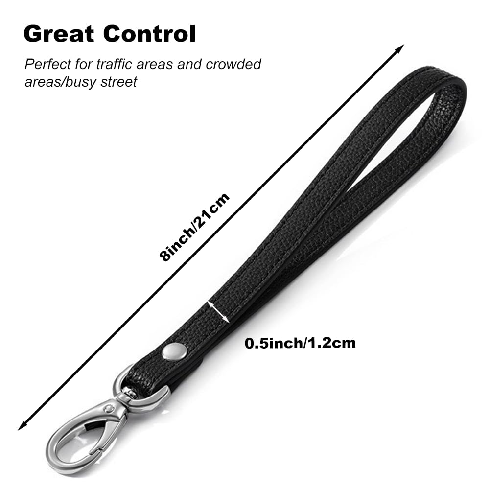 Short Leather Dog Leash – Heavy Duty 8-Inch Leather Lead with Metal Hook for Medium & Large Dogs