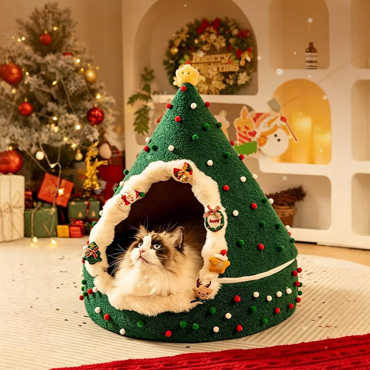 Christmas Tree Cat Bed – Plush Velvet Holiday Cat Hideaway