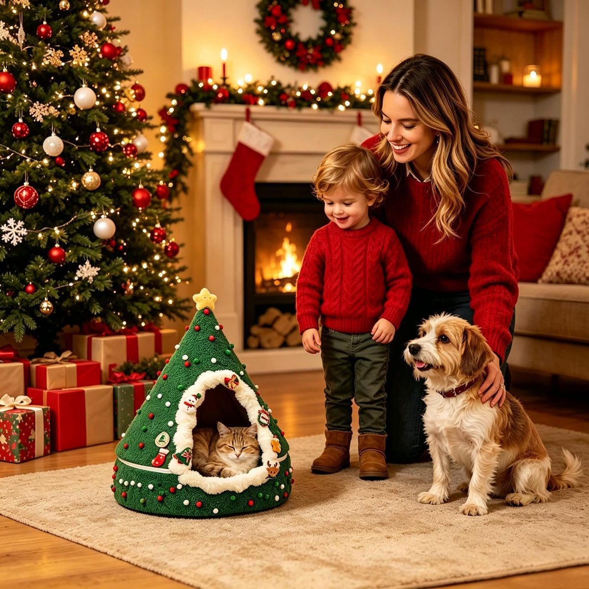 Christmas Tree Cat Bed – Plush Velvet Holiday Cat Hideaway