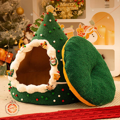 Christmas Tree Cat Bed – Plush Velvet Holiday Cat Hideaway