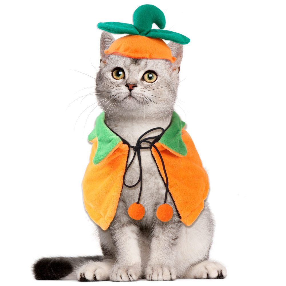 Bonita capa de calabaza de Halloween con sombrero para perros pequeños, medianos y grandes, gatos, vestido de cosplay, decoraciones de fiesta 
